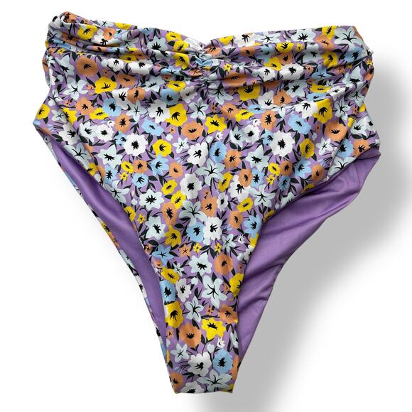 Agua Bendita Cheeky Bottoms Women's XS Purple Floral High Waisted Ruched - Picture 1 of 5